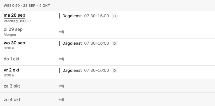 AcroVex Planning: het rooster van een medewerker voor week 40, per dag de dienst met begin- en eindtijd of "vrij".