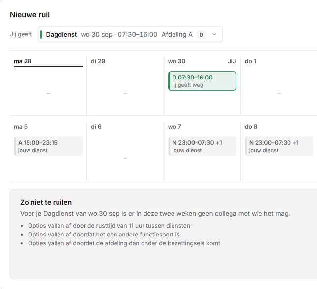 AcroVex Planning: het scherm Ruilen. Een dagdienst op woensdag is gekozen om weg te geven. Daaronder staat waarom ruilen niet kan, bijvoorbeeld door de rusttijd van 11 uur tussen diensten.