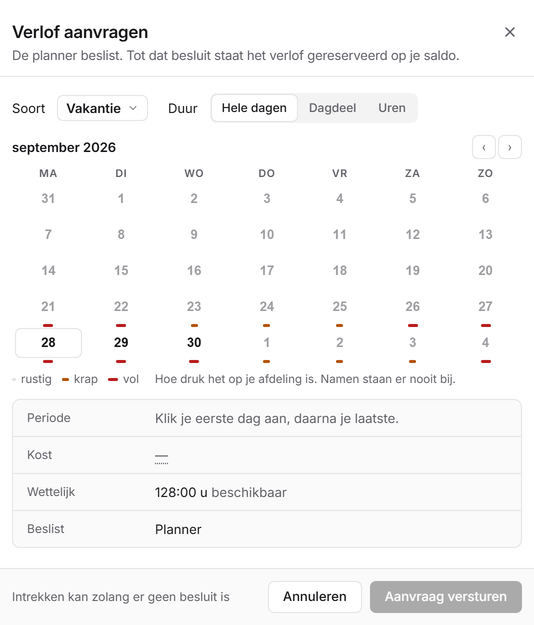 AcroVex Planning: het venster Verlof aanvragen van een medewerker, met een kalender die per dag laat zien hoe druk het op de afdeling is.